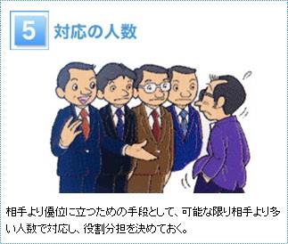 5 対応の人数　　相手より優位に立つための手段として、可能な限り相手より多い人数で対応し、役割分担を決めておく。